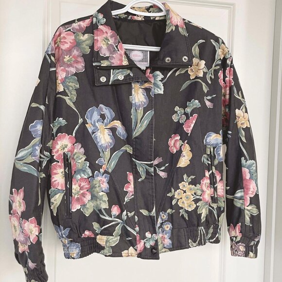 Vintage 90s Floral Cotton Jacket: High-Neck Acid Wash Bomber - Picture 5 of 9